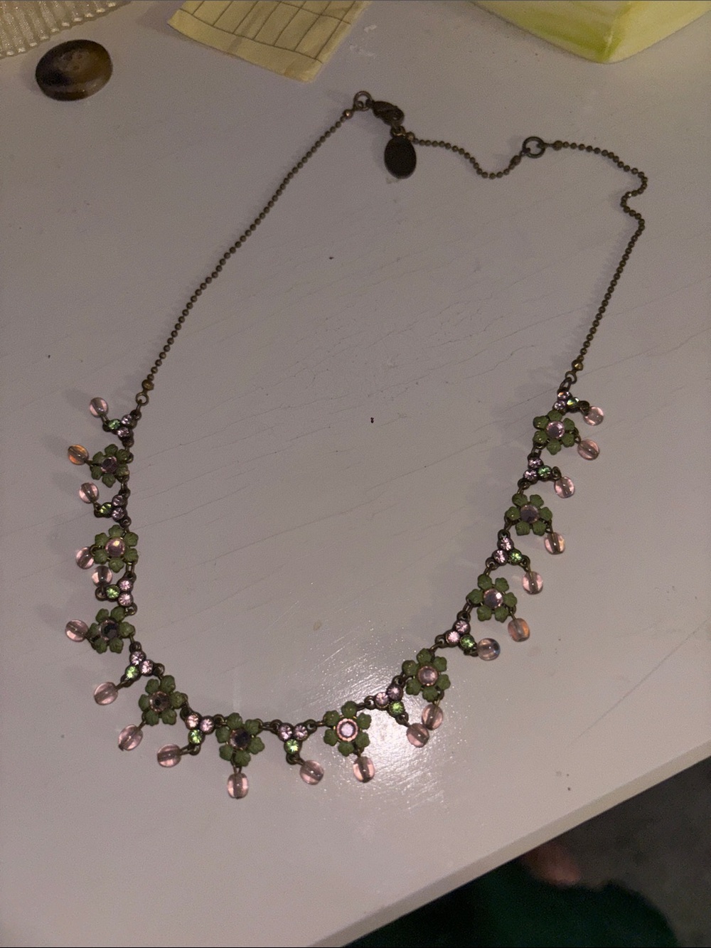 Michal Negrin Green and Pink Floral Crystal Necklace